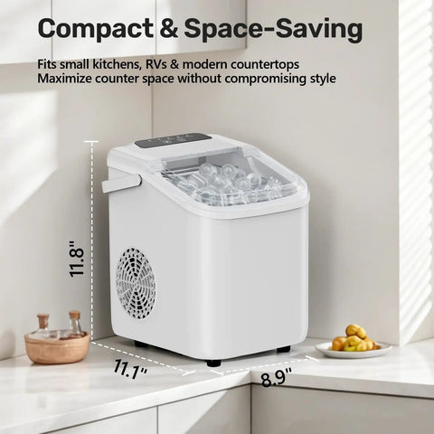 Compact Countertop Ice Maker With Self Cleaning Design And Rapid Cube Batch Output Built Straight For Your Kitchen Or Patio Portable setup on a kitchen countertop.