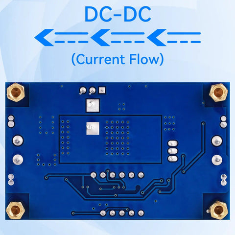 High Power Adjustable Buck Converter Module 5A 4-38V Input To 1.25-35V Output With 75W LED Display Copper Column DIY Voltage Regulator For Batteries And Automotive Projects 2 Pack showing DC-DC current flow schematic.