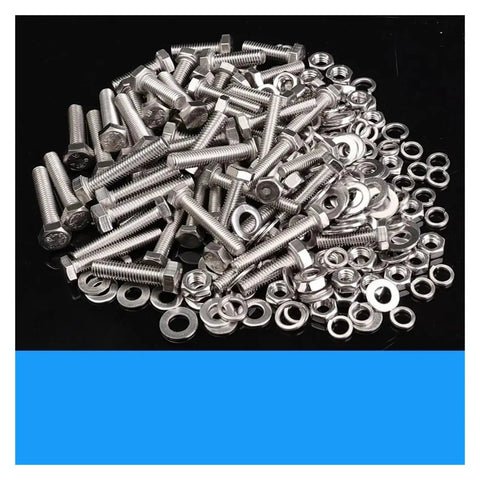 Stainless Steel Hex Head Screws, Nuts, and Washers Set for DIY Enthusiasts Full Hardware Assortment Kit Visible on Black Surface