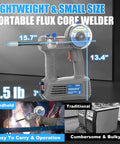100Amp Handheld MIG Welder Gasless Flux MIG Welding Machine Portable 100V shown with dimensions and features