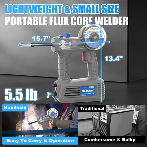 100Amp Handheld MIG Welder Gasless Flux MIG Welding Machine Portable 100V shown with dimensions and features