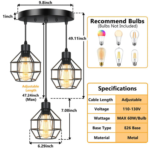 Farmhouse 3 Light Pendant Fixtures With Adjustable Cords For Kitchen Island And Dining Room Industrial Black Metal Cage Ceiling Lamp with dimensions and bulb specifications.