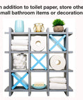Gray Wooden Toilet Paper Holder With Tic Tac Toe Shelves For Wall Mount Or Freestanding Bathroom Tissue Organizer