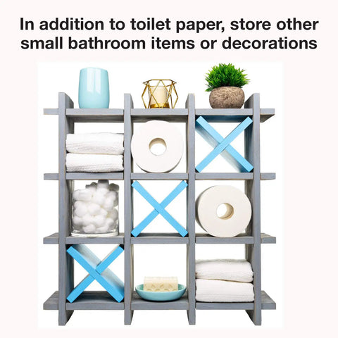 Gray Wooden Toilet Paper Holder With Tic Tac Toe Shelves For Wall Mount Or Freestanding Bathroom Tissue Organizer