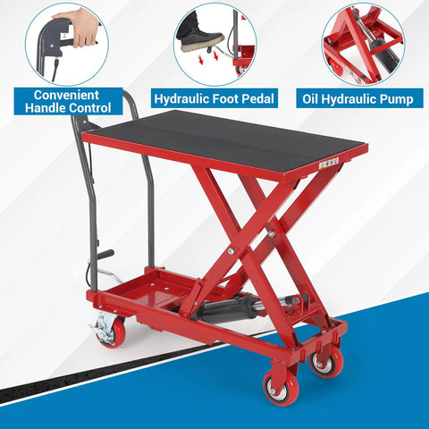 Heavy Duty Hydraulic Lift Table Cart 330 Lbs Capacity 28.5 Inch Height with foot pedal and convenient handle for easy lifting.