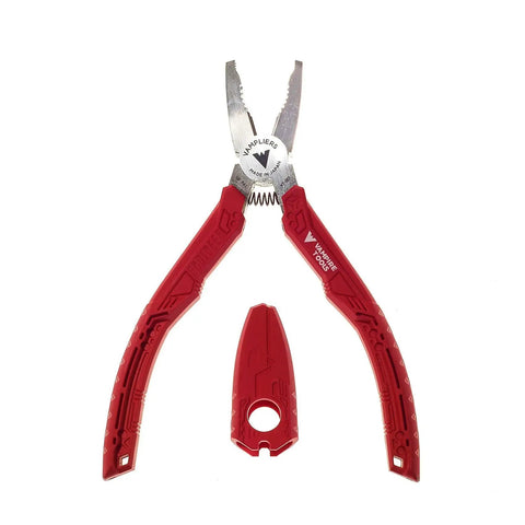 6.25 Inch Stripped Screw Extractor Pliers For Rusted Stuck And Damaged Screws And Fasteners Time Saving Professional Grade Tool Made In Japan Vampliers with red handles and metal jaws.