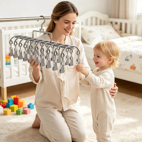 Mother and child using Heavy Duty Stainless Steel Vertical Closet Hanger For Pants And Leggings Space Saving Multi Tier Wardrobe Organization Rack.