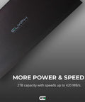 Rock Solid Thunderbolt 3 Nvme Expansion Dock With Two Terabyte M2 Internal Drive And Blazing Fast Uhs Ii Sd Reader For Dead Simple File Transfers On Mac Or Windows Laptops In Matte Black, featuring logo and sleek design.