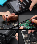 Handy Mini Electric Screwdriver Kit with 50 precision bits used on various electronic devices in close-up views