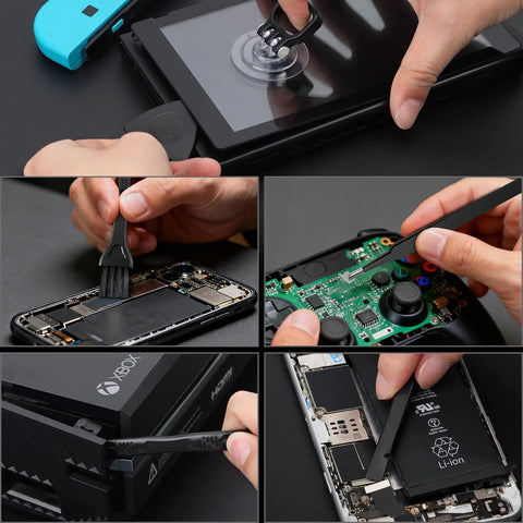 Handy Mini Electric Screwdriver Kit with 50 precision bits used on various electronic devices in close-up views