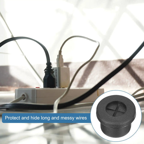 Eight Piece Rubber Cable Grommets For 1/2 Inch Holes Desk Pass Through Covers shown hiding wires on a desk