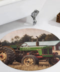 Round Tractor Photo Farm Coral Velvet Area Rug 80x80 cm with green vintage tractor in bathroom setting, non slip design