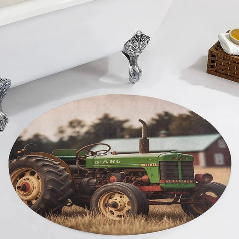 Round Tractor Photo Farm Coral Velvet Area Rug 80x80 cm with green vintage tractor in bathroom setting, non slip design