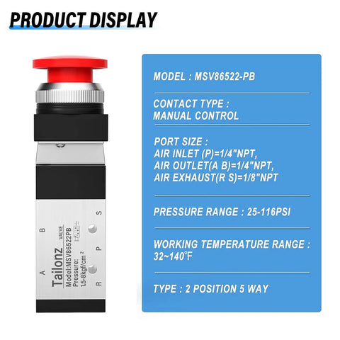 Red Mushroom Push Button Pneumatic Valve, 5 Way 2 Position With Automatic Reset, 1/4 NPT Inlet And Outlet, 1/8 NPT Exhaust, Industrial Grade