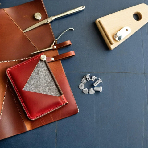 Badass Durable 110 Pack Leathercraft Screw Rivets and Gnarly Heavy Duty Metal Fasteners on a table beside a leather wallet and tools.