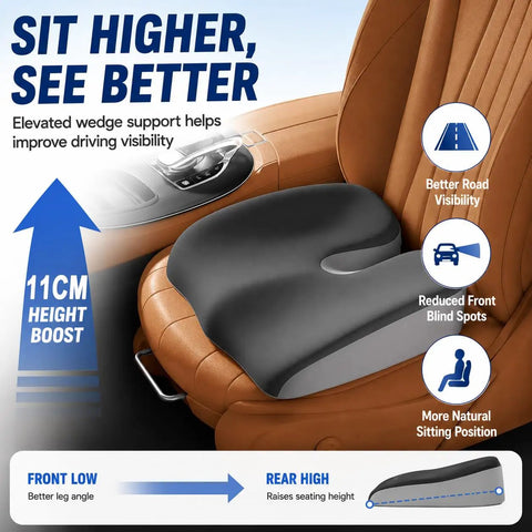 Premium Ergonomic Memory Foam Wedge Car Seat Cushion for MINI shown on car seat, elevating seating position for better visibility.