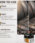 Instructions for using Leather Recoloring Balm 3.53 Oz Quick Dry Repair Cream, with before and after images of car seat restoration.
