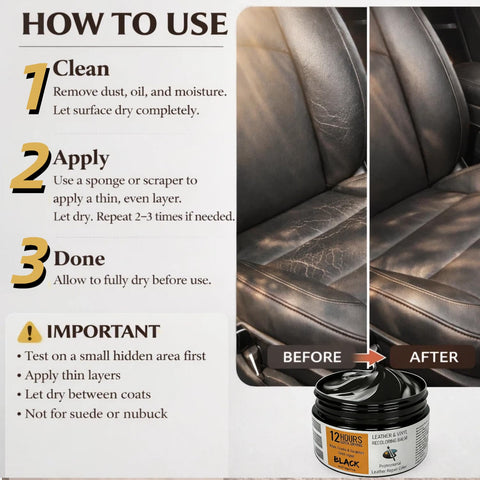 Instructions for using Leather Recoloring Balm 3.53 Oz Quick Dry Repair Cream, with before and after images of car seat restoration.
