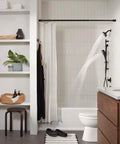 Modern bathroom with Tub And Shower Trim Kit In Matte Black With 6 Function Shower Head, Easy Clean Nozzles visible in action.