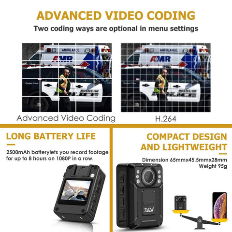 Comparison of video coding with police officer and ambulance, body camera showing size and design, 1440P UHD Ambarella H22 Body Worn Camera