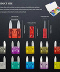 Heavy Duty Mini Blade Fuse Assortment Kit With Puller For Cars Rv Trucks And Boats 120 Piece showing various fuse sizes in different colors.