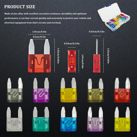 Heavy Duty Mini Blade Fuse Assortment Kit With Puller For Cars Rv Trucks And Boats 120 Piece showing various fuse sizes in different colors.