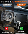 Fuel Tank Repair Kit With Gas Door Spring And Door Hinge Pin For 2019 To 2025 Chevy Silverado And GMC Sierra 1500 2500 3500 Fits 5.8Ft 6.5Ft 6.6Ft Or 8Ft Truck Beds Direct Fit Replacement For Quick Easy Install And Long Lasting Performance. Before-after fuel door repair on Chevy Silverado and GMC Sierra with hinge pin and spring