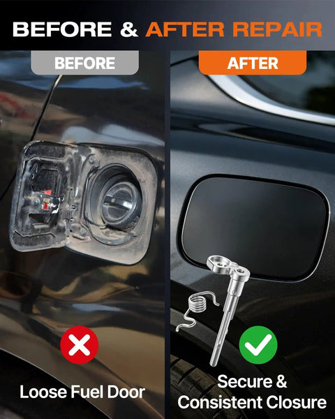 Fuel Tank Repair Kit With Gas Door Spring And Door Hinge Pin For 2019 To 2025 Chevy Silverado And GMC Sierra 1500 2500 3500 Fits 5.8Ft 6.5Ft 6.6Ft Or 8Ft Truck Beds Direct Fit Replacement For Quick Easy Install And Long Lasting Performance. Before-after fuel door repair on Chevy Silverado and GMC Sierra with hinge pin and spring