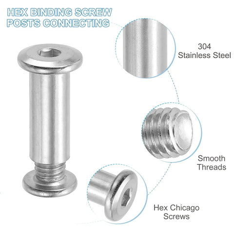 Reliable Hex Chicago Screws And Socket Cap Bolts Made For Scrapbook Binding Leatherwork And Furniture Fix Ups M8 X 25 mm Connecting Posts Complete Kit Silver Finish, showing hex binding screw post and smooth threads.