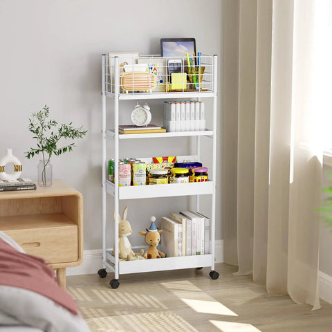 Slim 4 Tier Metal Rolling Cart With Wheels Space Saver For Narrow Spaces, Mobile Shelving Unit, Bathroom Kitchen Laundry Organizer For Office Or Pantry, Wide Shelves With Raised Edges To Keep Items From Slipping, White in living room setting.