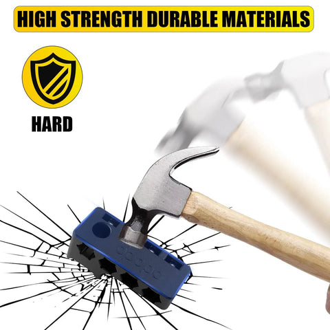 Magnetic One Quarter Inch Hex Bit Holder for Cordless Drills with hammer impact test showing durability on blue holder