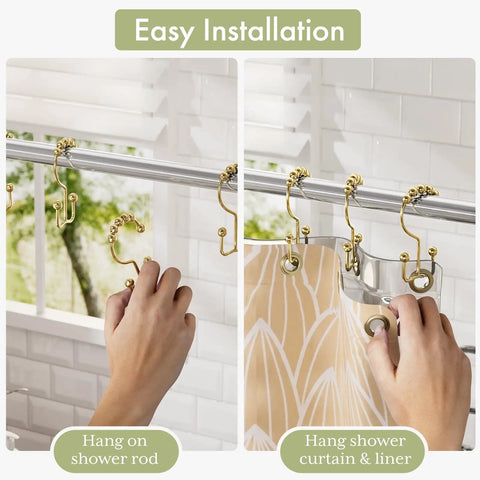 Gold Shower Curtain Hooks Rings 12 Pack Double Glide Stainless Steel Rust Resistant For Bathroom Curtain Rods installation
