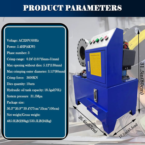 Product parameters for Heavy Duty Electric Hydraulic Hose Crimping Machine Workhorse With Ten Interchangeable Dies.