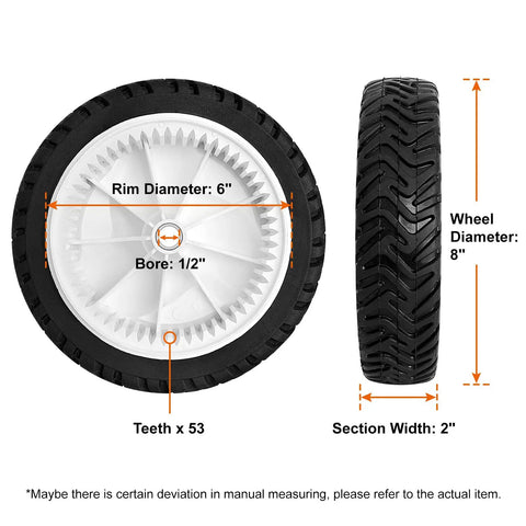 8 Inch Front Drive Wheel Set for Toro 22 Inch Recycler Self Propelled Mowers Fits 20001 Through 20111 and GTS, side and front view