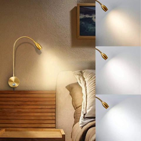 Dimmable LED Reading Lamps For Wall Mounting On Bed Headboard Flexible Gooseneck With Touch Dimmer Plug In Wired Sconce 3 Color Modes 10 Brightness Levels Set Of 2 Antique Brass Finish illuminating a bedside area.
