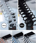 Built Like A Tank Automatic Electric Attic Ladder Wall Mounted Folding Stairs in multiple colors including black and blue-white.