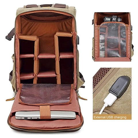 Open Beefy Retro Batik Canvas Backpack For DSLR Gear, Laptop Port, compartments for camera gear with shock-absorbing compartments