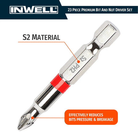 Close-up of a screwdriver bit from Compact 41 Piece 1/4 Inch Drive Mini Ratchet Wrench Set made of S2 material with branding.