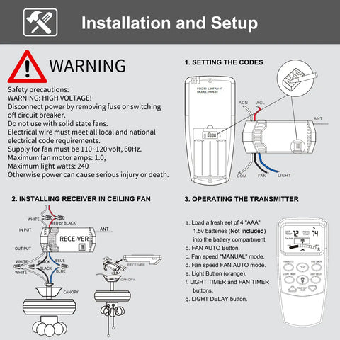 Installation steps for Thermostatic Ceiling Fan Remote Kit With LCD Temp Display, 3 Speed Control, Receiver And Timer, diagram