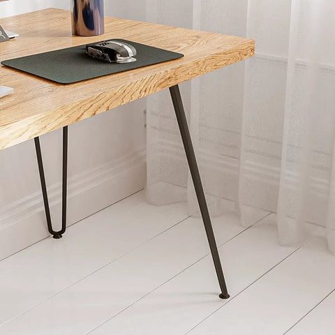 Solid Steel Hairpin Table Legs 26 Inch, 1/2 Inch Thick Black Finish, 4 Pack used on wooden desk with curtain background.