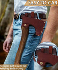 15.7 Inch Camping Hatchet With Beech Handle, Hand Forged Axe in leather sheath on belt, shown for easy carrying