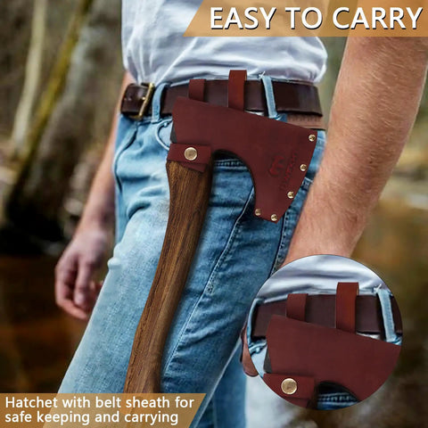 15.7 Inch Camping Hatchet With Beech Handle, Hand Forged Axe in leather sheath on belt, shown for easy carrying
