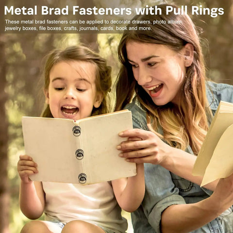 Mother and daughter reading, decorative book with Mini Pull Ring Metal Brad Fasteners Set In Old School Bronze on cover.