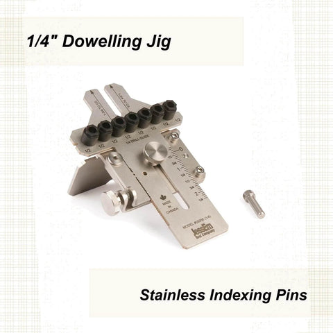 One Quarter Inch Stainless Steel Doweling Jig With Angle Guide for Edge Face and Corner Dowels, precision woodworking tool.