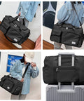 Person carrying a black Sports Duffel Bag With Shoe Compartment And Wet Dry Separated Pocket over shoulder and mounted on suitcase.