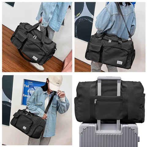 Person carrying a black Sports Duffel Bag With Shoe Compartment And Wet Dry Separated Pocket over shoulder and mounted on suitcase.