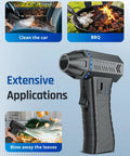 Beast Power 300000 RPM Electric Air Duster With Variable Wind Speed shown cleaning car, lighting BBQ, blowing leaves