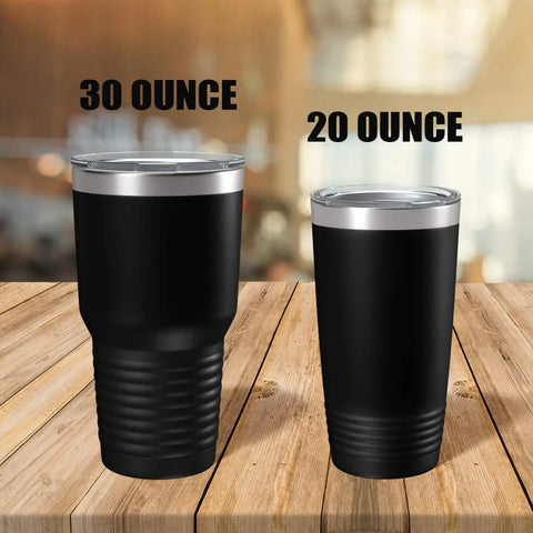My Retirement Vehicle Golf Cart Tumbler 20oz Double Walled Stainless Steel Insulated Coffee Cup With Leak Proof Lid next to 30oz version