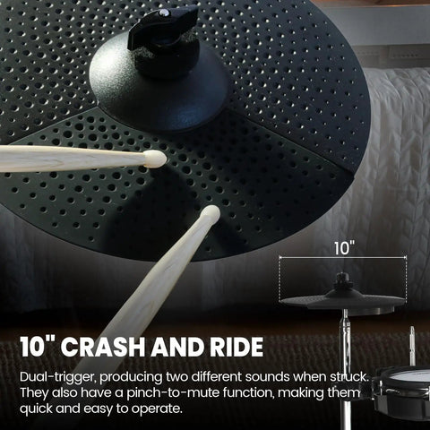 Close-up of 10" crash and ride cymbal on Dope 8 Piece Electronic Drum Kit with Quiet Mesh Pads and Kick, Dual Bluetooth, 360 Sounds.