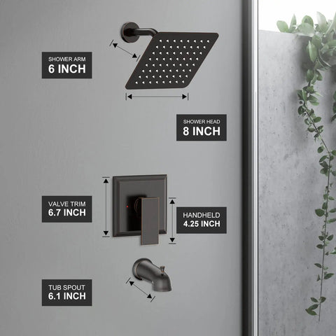 Oil Rubbed Bronze Shower Tub Kit With 8 Inch Rain Shower Head, Tub Spout, And Included Valve For Quick Reno Ready Bathroom Upgrade